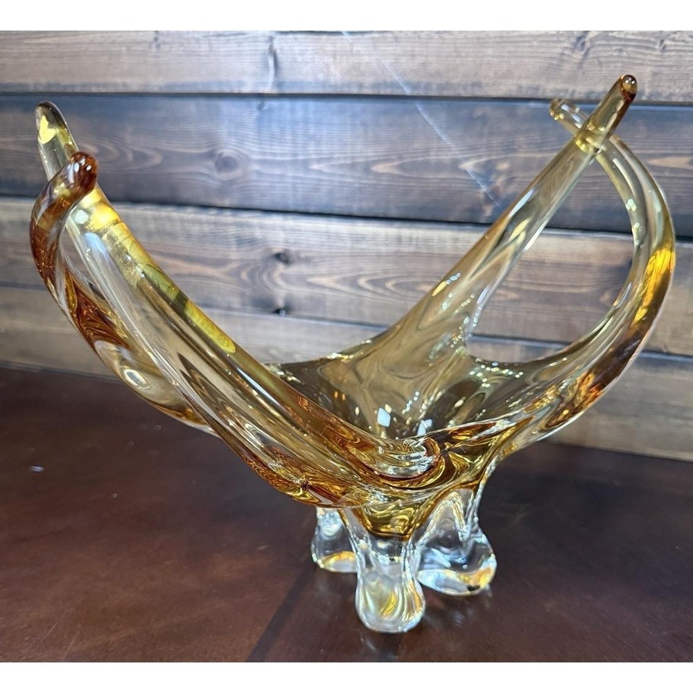 Vintage MCM Stretched Art Glass Centerpiece Bowl – Blown Amber & Clear Glass